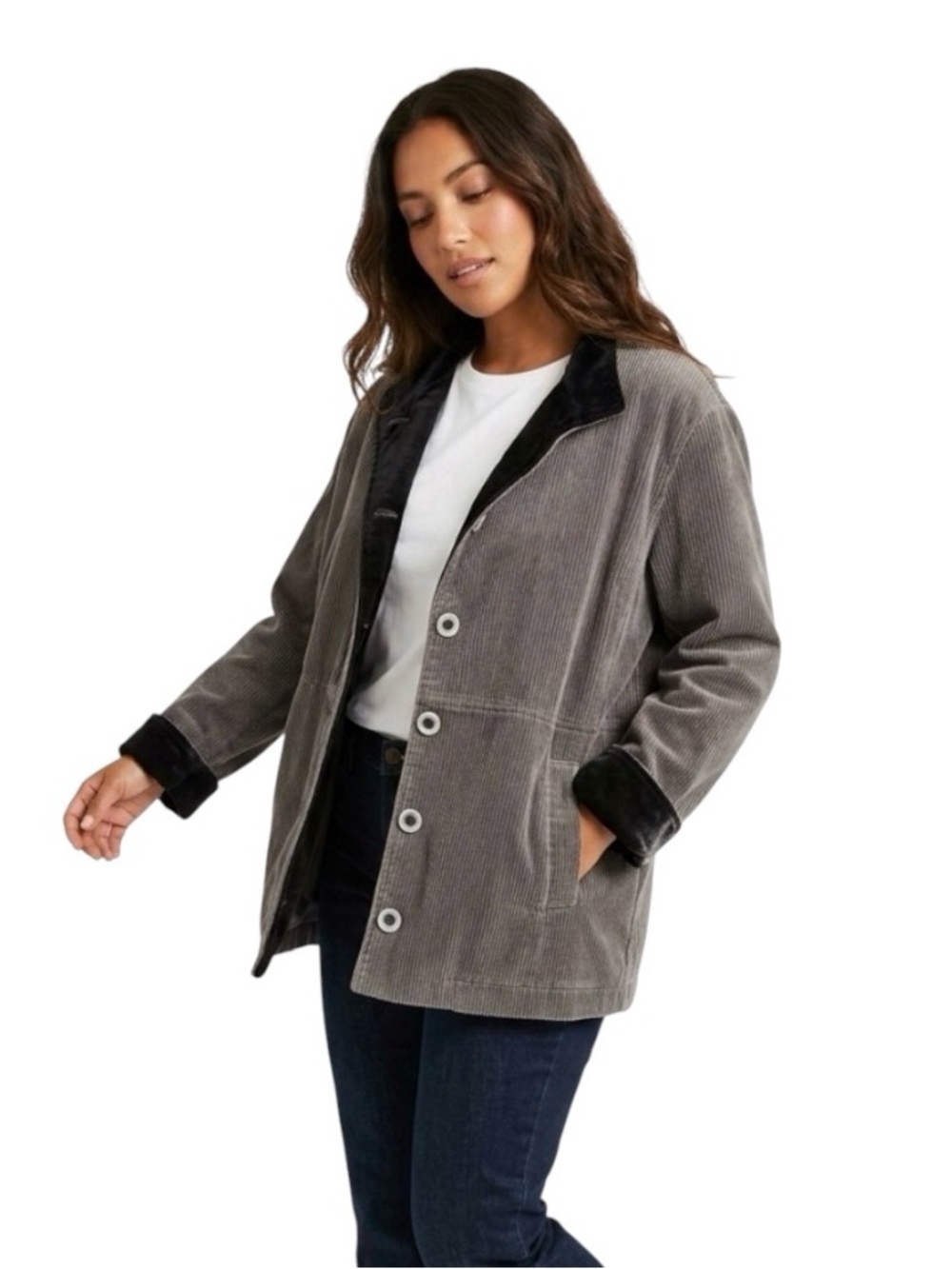 Silhouette Oversized Gray Corduroy Jacket Women’s XL Dark Velvet Trim Pockets